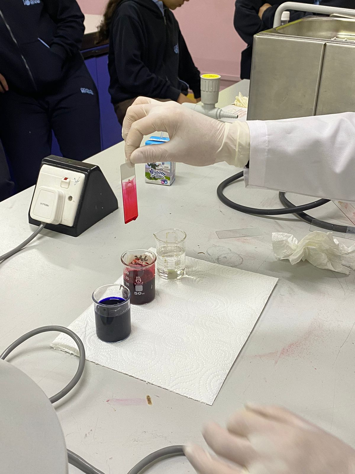 طالبات الصف الأول الثانوي في تجربة عملية لفصل الدم إلى مكوناته